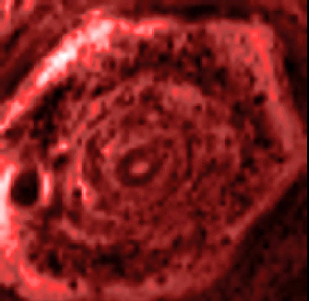 A six-sided storm at Saturn's north pole, shown in red by a heat camera